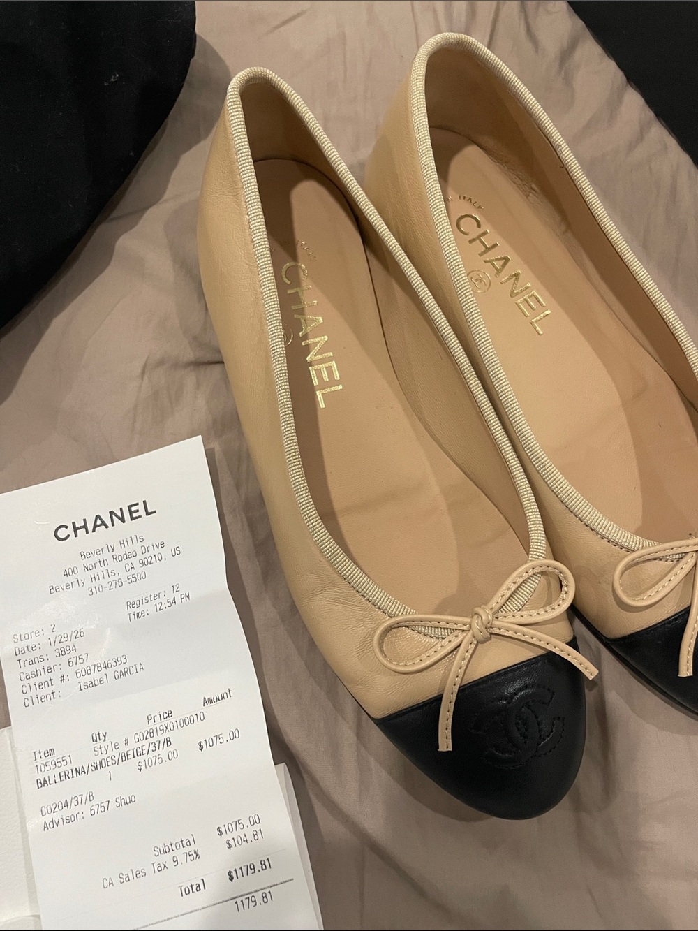 CHANEL Beige Leather Cap-Toe Ballet Flats